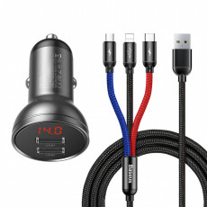 Baseus 12V auto lādētājs ar displeju, ar 2xUSB-A portiem (4,8A) 24W, ar uzlādes kabeli 3in1 (microUSB/USB-C/Lightning) 1,2m, melns | TZCCBX-0G