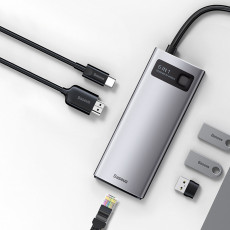 Baseus Type-C uzlādes/savienojumu adapters Hub 6in1: (USB-C to 3xUSB-A 3.0 / HDMI / USB-C PD / Ethernet RJ45), pelēks | CAHUB-CW0G