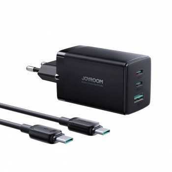 Joyroom komplekts, lādētājs 1xUSB-A un 2xUSB-Type-C porti 65W + kabelis Type-C uz Type-C 1,2m, melns