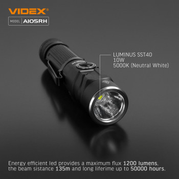 Lukturis LED Luminus SST40, 10W 1200Lm 5000K, Li-ion 18650 2200mAh - iekļauts! VIDEX VLF-A105RH, ar magnētu un regulējamu luktura galvu (SWIVEL HEAD) + komplektā stiprinājums lietošanai kā galvas lukturim!