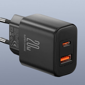 Joyroom lādētājs 1xUSB-A un 1xUSB-Type-C 20W, melns