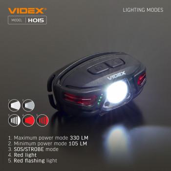 Galvas lukturis ar sensoru LED CREE XTE 5W, 330Lm 5000K, Li-ion 850mAh, VIDEX VLF-H015, vadāms ar roku žestu!