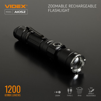 Lukturis LED Luminus SST40, 10W 1200Lm 5000K, Li-ion 18650 2200mAh - iekļauts! VIDEX VLF-A105Z, ar regulējamu tālummaiņu (zoom)!