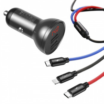 Baseus 12V auto lādētājs ar displeju, ar 2xUSB-A portiem (4,8A) 24W, ar uzlādes kabeli 3in1 (microUSB/USB-C/Lightning) 1,2m, melns