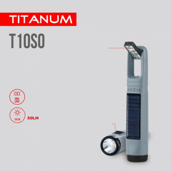 Lukturis LED ar saules bateriju un regulējamu gaismu 50+50Lm 5500K, Li-ion 18650 800mAh (iebūvēts), TITANUM TLF-T10SO