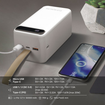 Power Bank - pārnēsājams akumulators 50 000mAh TITANUM 741S 22.5W White, pieejamie porti: Micro USB, Type-C, 2USB