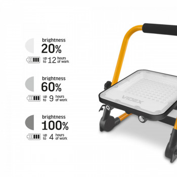 Prožektors uzlādējams, pārnēsājams LED 50W, 1600Lm 5000K, baterija Li-ion 10000 mAh, VIDEX VL-F2A-505 (neitrāli balta gaisma)