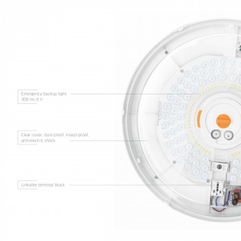 Ārkārtas situāciju LED griestu gaismeklis ar bateriju un kustības sensoru 15-30W, 2700-6500K, IP44, VIDEX   