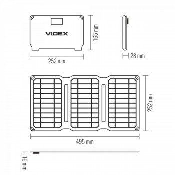 Solārais panelis pārnēsājams 15W, panelis Mono+ETFE (2 USB izejas), izmērs 252x165x28mm (atvērtā veidā 252x495x19mm), IP68, svars 450g, VIDEX