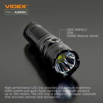 Lukturis LED CREE XHP50.2 20W 4000Lm 5000K, Li-ion 26650 5000mAh - iekļauts! (maināms uz 18650), VIDEX VLF-A355C, profesionāls LED lukturis ar 5000mAh bateriju!