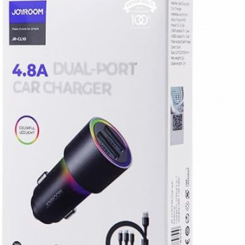 Joyroom 12V auto lādētājs ar 2xUSB-A portiem (2,4A) 24W, ar uzlādes kabeli 3in1 (microUSB/Type-C/Lightning), melns