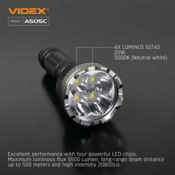 Lukturis LED 4xLuminus SST40, 20W 5500Lm 5000K, Li-ion 21700 4000mAh - iekļauts! (maināms uz 18650), VIDEX VLF-A505C, profesionāls LED lukturis lietošanai ikdienā un ārkārtas situācijās!