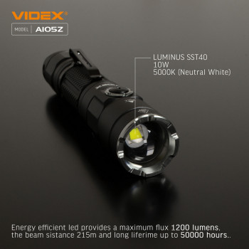 Lukturis LED Luminus SST40, 10W 1200Lm 5000K, Li-ion 18650 2200mAh - iekļauts! VIDEX VLF-A105Z, ar regulējamu tālummaiņu (zoom)!