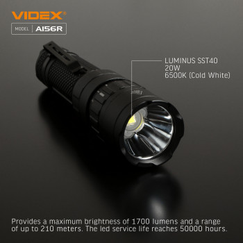 Lukturis LED Luminus SST40, 20W 1700Lm 6500K, Li-ion 21700 4000mAh - iekļauts! (maināms uz 18650), VIDEX VLF-A156R, ar manuāli regulējamu gaismas slēdzi!