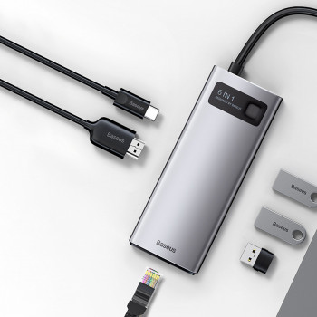 Baseus Type-C uzlādes/savienojumu adapters Hub 6in1: (USB-C to 3xUSB-A 3.0 / HDMI / USB-C PD / Ethernet RJ45), pelēks