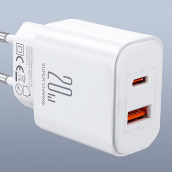 Joyroom lādētājs 1xUSB-A un 1xUSB-Type-C 20W, balts