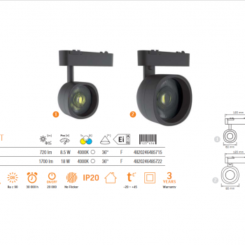 Magnētiskās sliedes gaismeklis 8.5W, 720Lm 4000K, VIDEX VL-TRMS-LA76B, melns (neitrāli balta gaisma)