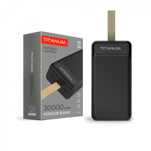 Power Bank - pārnēsājams akumulators 30 000mAh TITANUM 914 Black, pieejamie porti: Micro USB, Type-C, 2USB