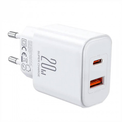 Joyroom lādētājs 1xUSB-A un 1xUSB-Type-C 20W, balts