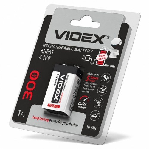 Baterija uzlādējama VIDEX Ni-MH Krona 9V (6HR61) 300mAh